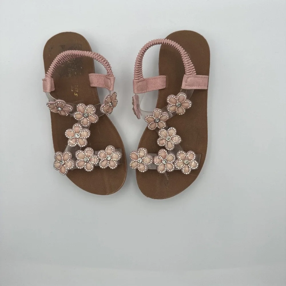 BoHo Girls Rinestone Flower T-Strap Flat Sandals Elastic Slingback Summer